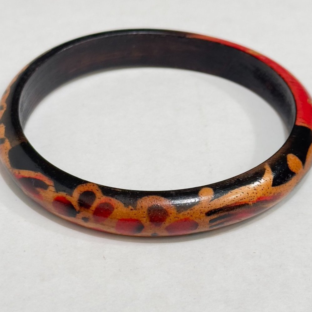 Vintage Floral Hand Made Wooden Lacquer Bangle Bracelet